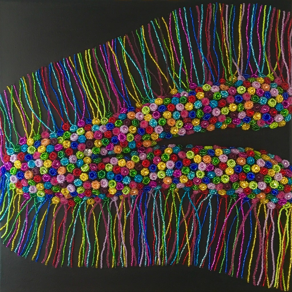 Hippocampus as the brain structure that encodes and stores memories, made out of seed beads and crystals on stretched canvas