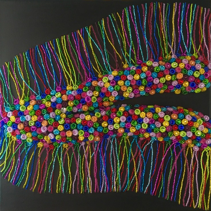 Bead embroidery artwork inspired by Brainbow microscopy of hippocampal neurons.